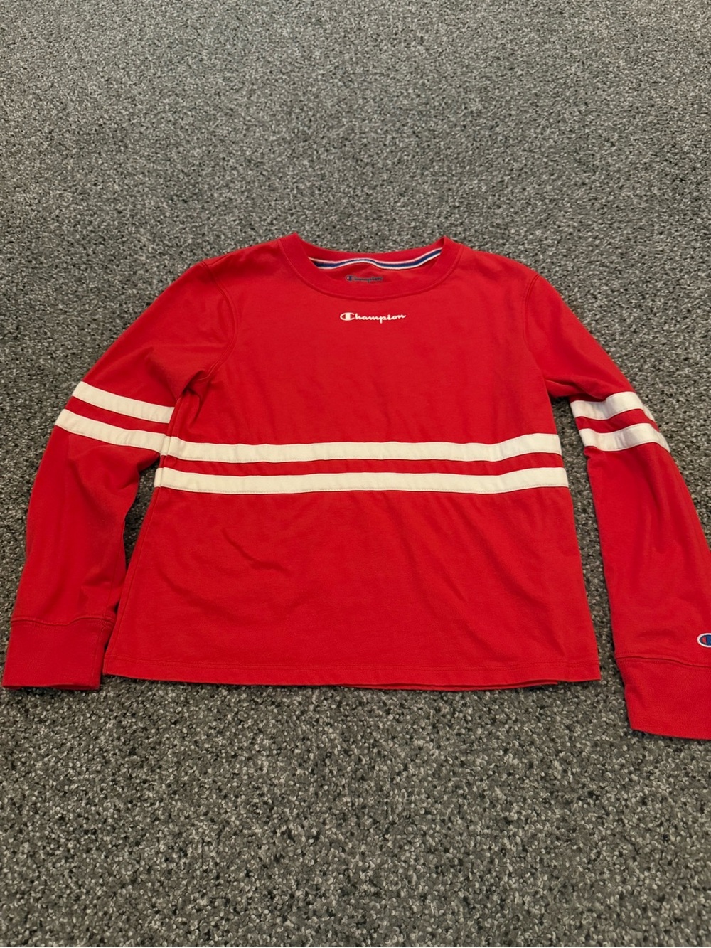 Champion Red Long-Sleeve Tee with Cream Stripes